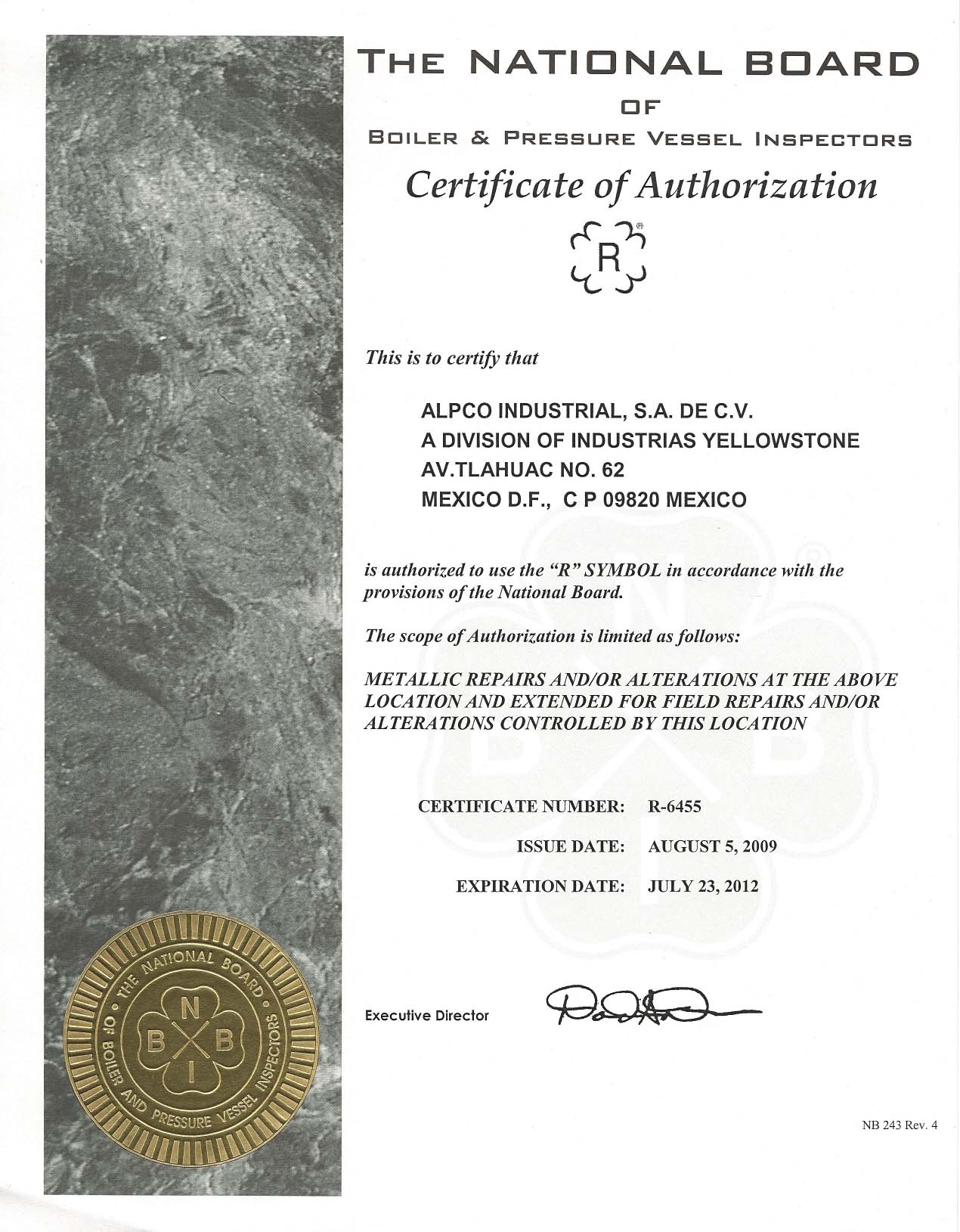 The National Board of Boiler and Pressure Vessel Inspectors Certificate of Authorization R Stamp